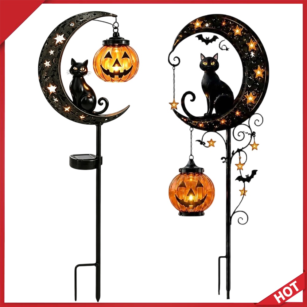 Outdoor Power Stake - Solar Powered Black Cat & Pumpkin